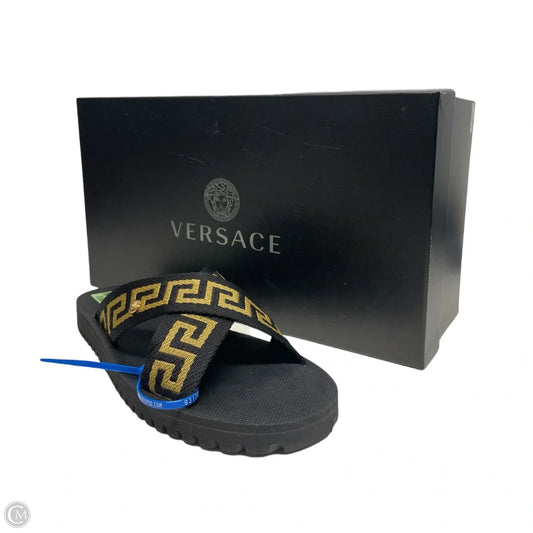 Sandals Luxury Designer By Versace In Black & Gold, Size: 9