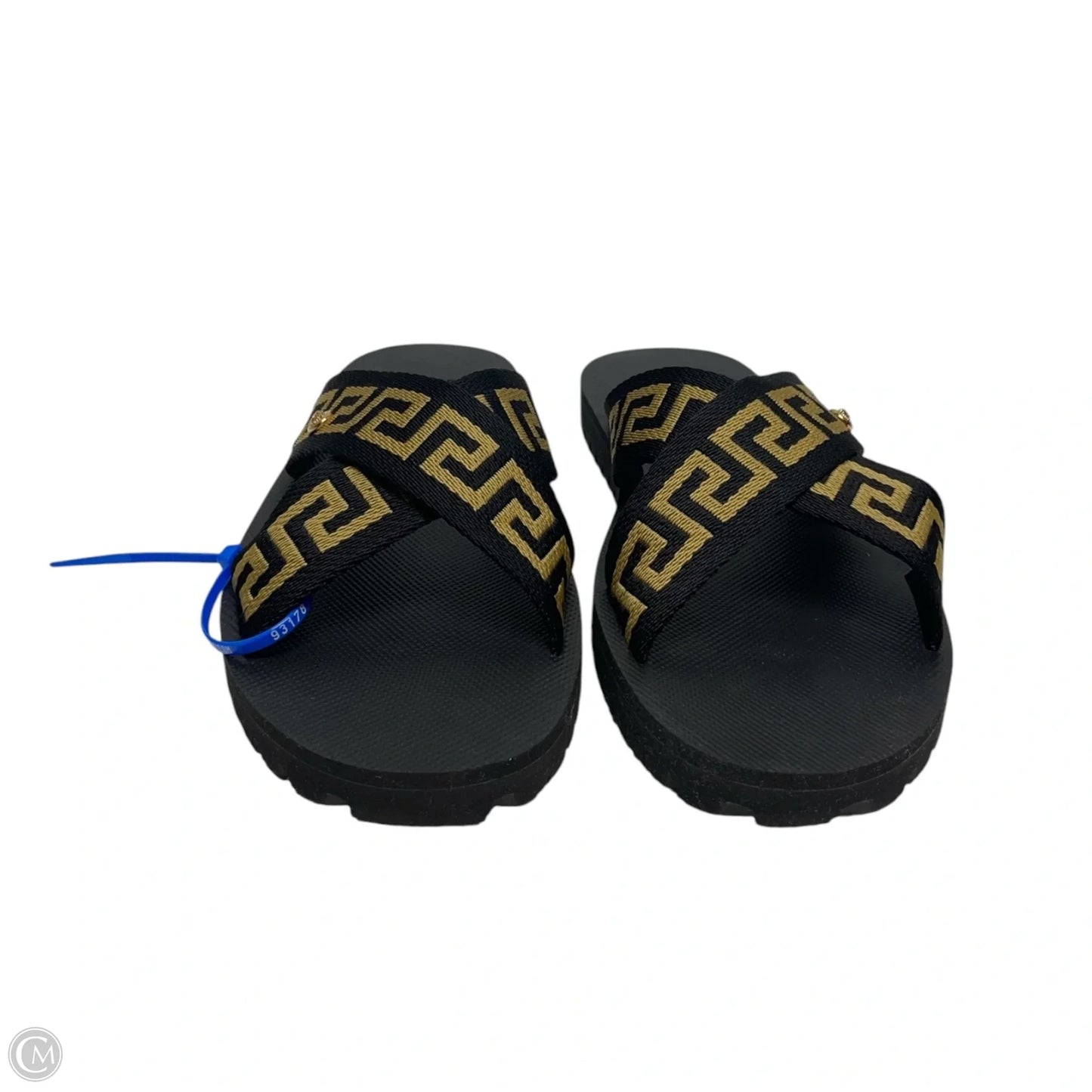 Sandals Luxury Designer By Versace In Black & Gold, Size: 9