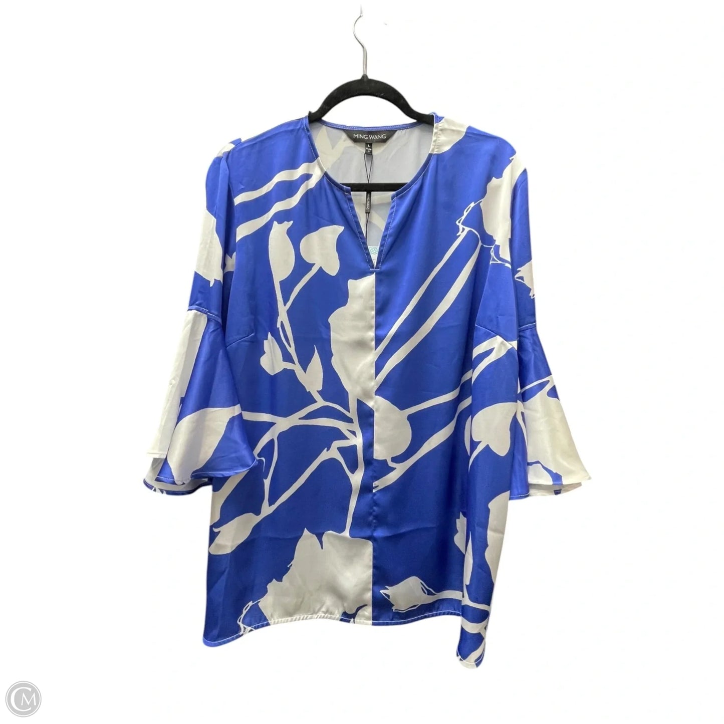 Top 3/4 Sleeve By Ming Wang In Blue & White, Size: L