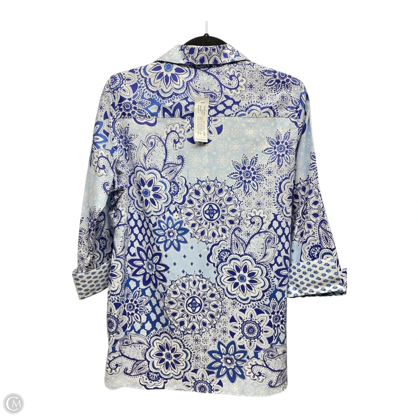 Top Long Sleeve By Foxcroft In Blue & White, Size: 8