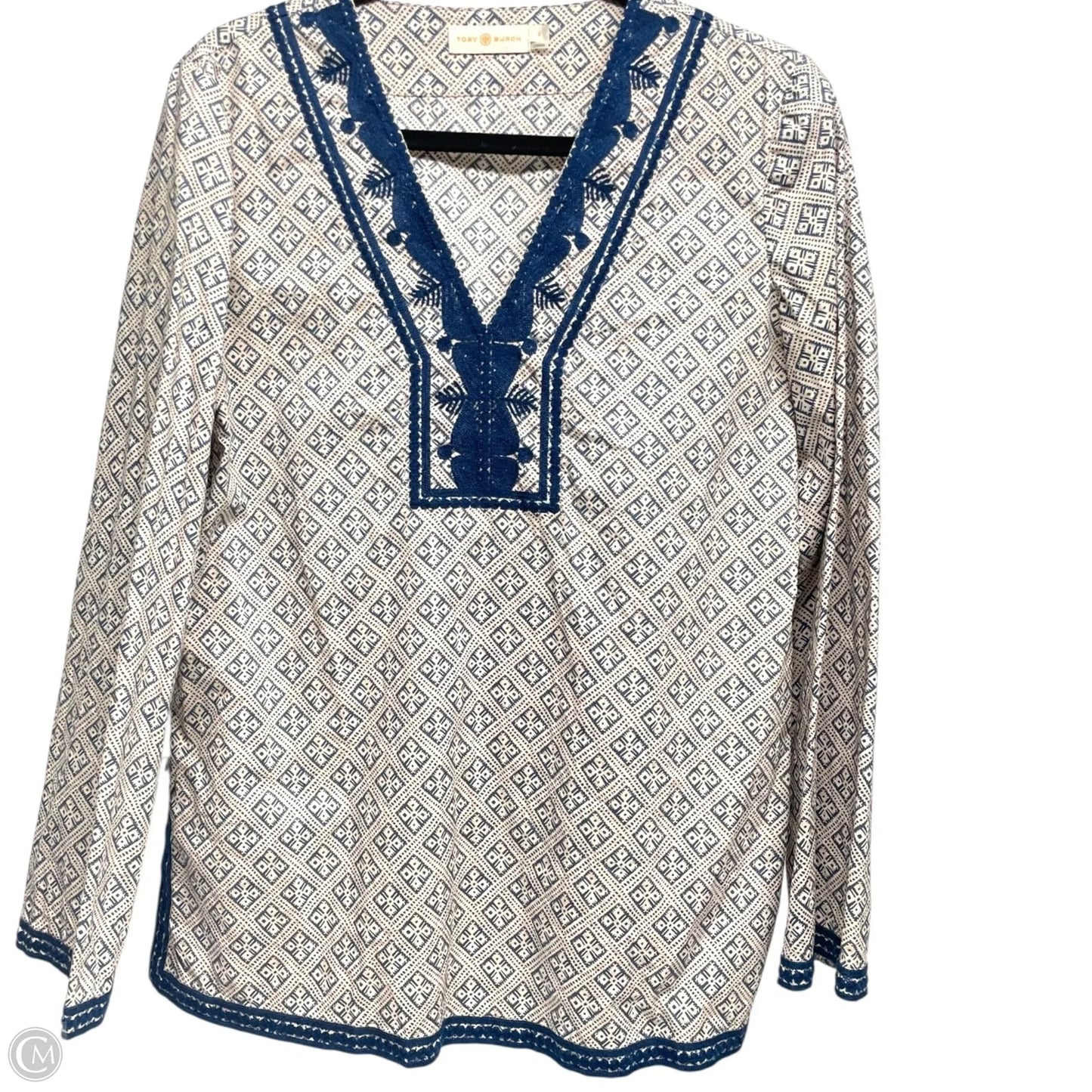 Top Long Sleeve Designer By Tory Burch In Blue & Cream, Size: 6