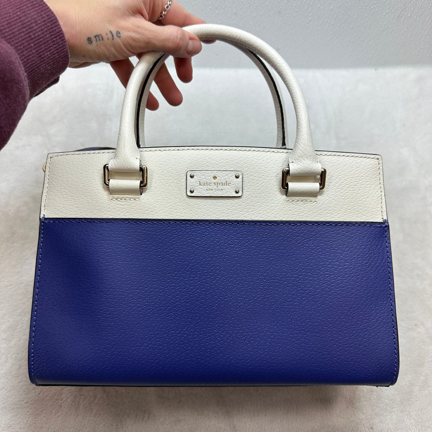 Grove Street Small Caley leather satchel in blue and white Handbag Designer By Kate Spade, Size: Small