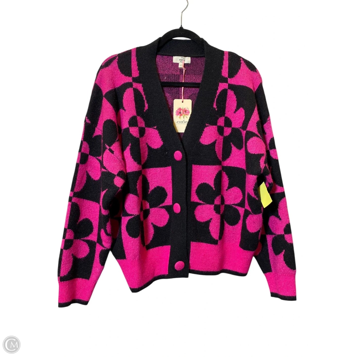 Sweater Cardigan By Entro In Black & Pink, Size: L