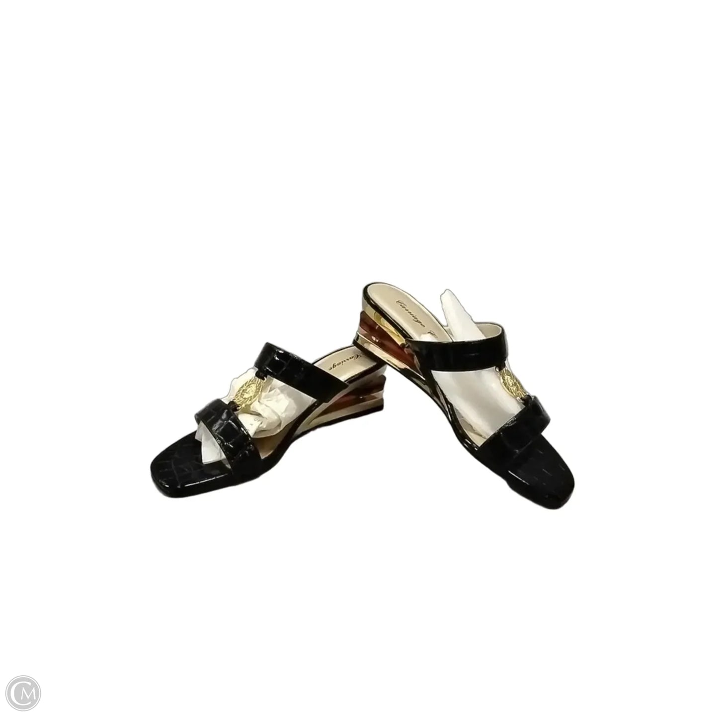 Sandals Heels Kitten By Clothes Mentor In Black & Gold, Size: 7
