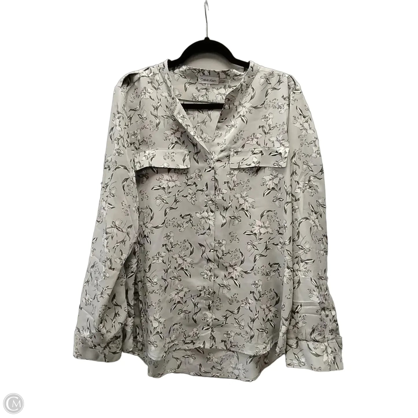 Blouse Long Sleeve By Calvin Klein In Grey & White, Size: Xl