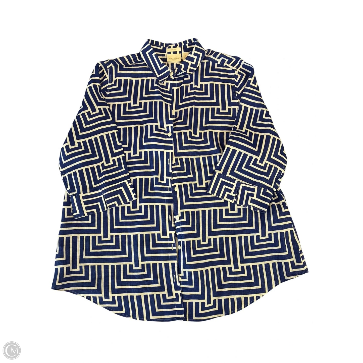 Top 3/4 Sleeve By Chicos In Blue & White, Size: Xl