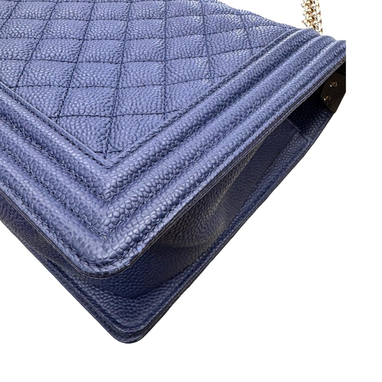 Caviar Quilted Boy Flap Handbag Luxury Designer By Chanel In Navy & Silver, Size:Large (6.9x11x3 in)