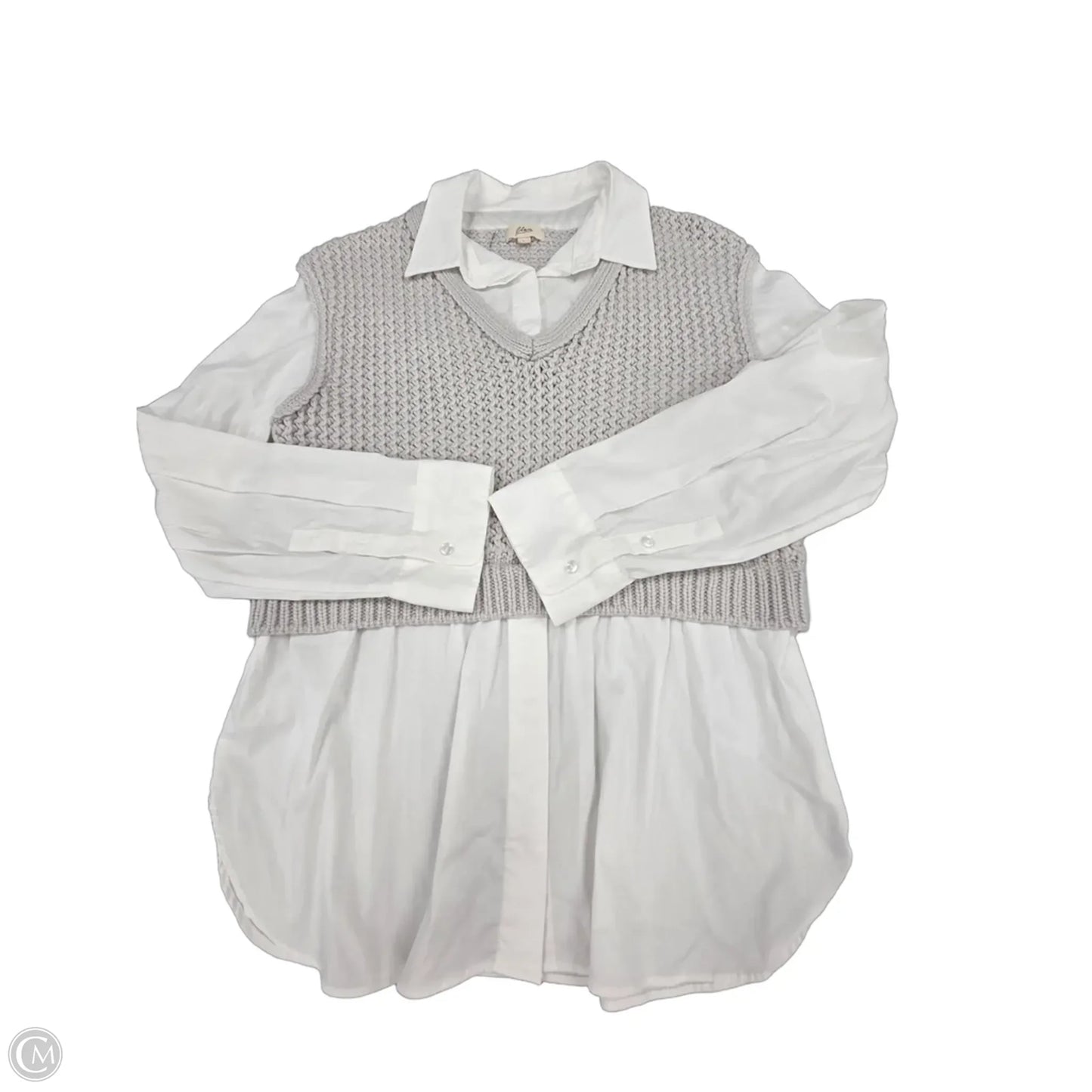 Top Long Sleeve By Elan In Grey & White, Size: L
