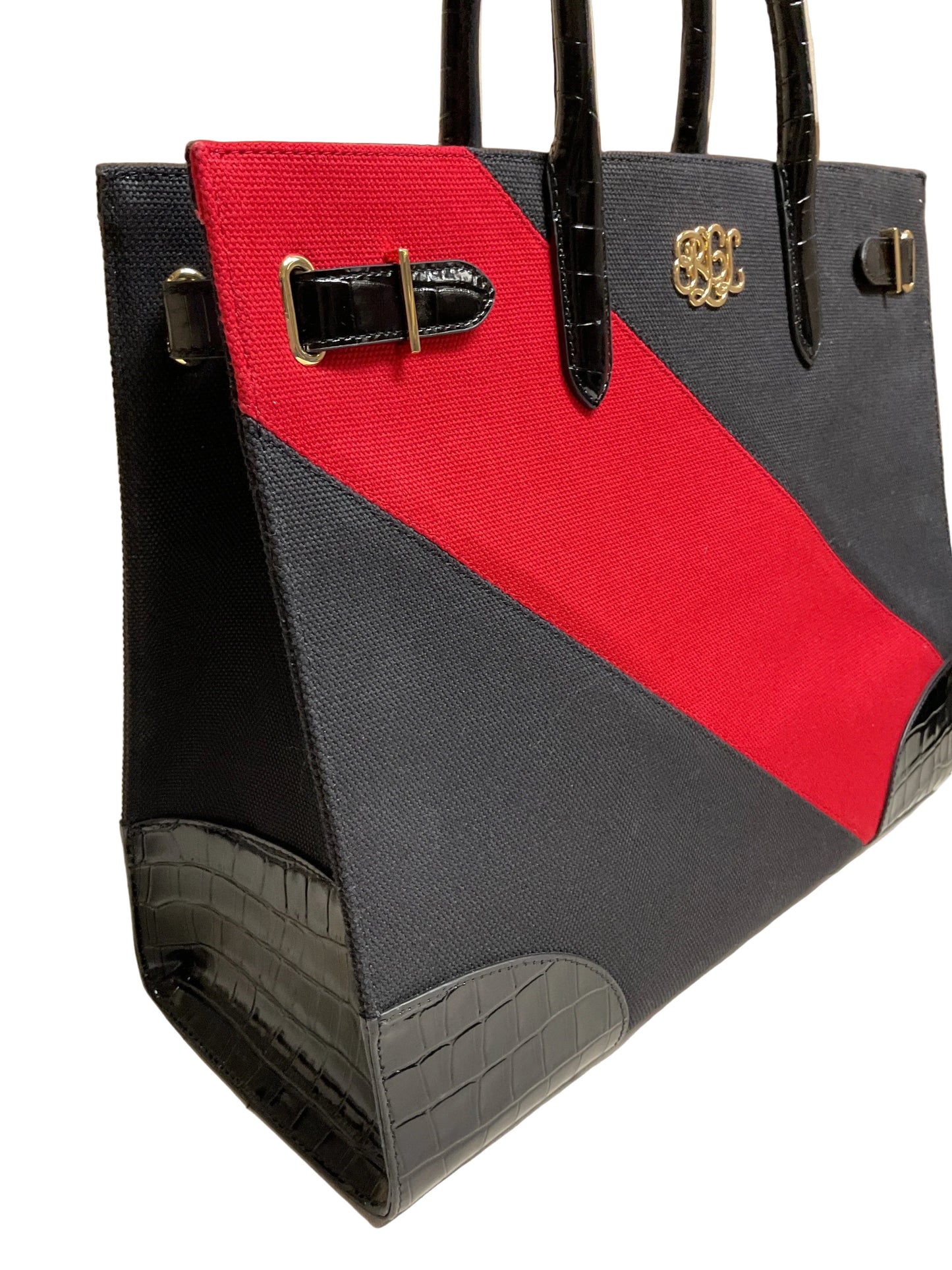 Handbag By Lauren By Ralph Lauren In Black & Red, Size:Large