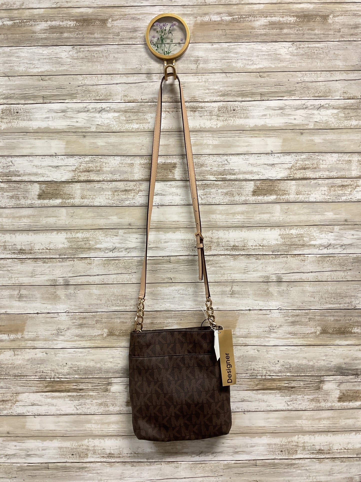 Crossbody Designer By Michael Kors In Brown & Gold, Size:Medium