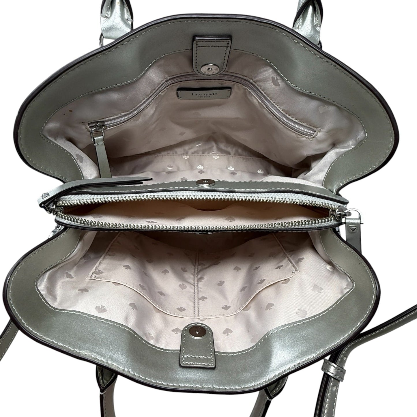 Larchmont Ave Evangeline Satchel In Metallic Silver Breezy Floral Designer By Kate Spade, Size: Medium