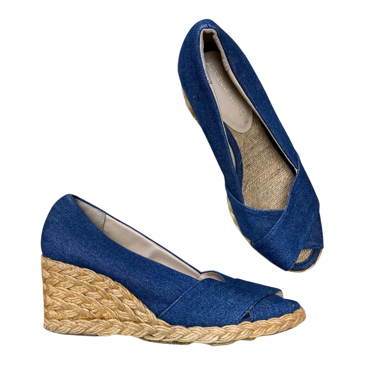 Sandals Heels Wedge By Adrienne Vittadini In Blue Denim, Size:5.5
