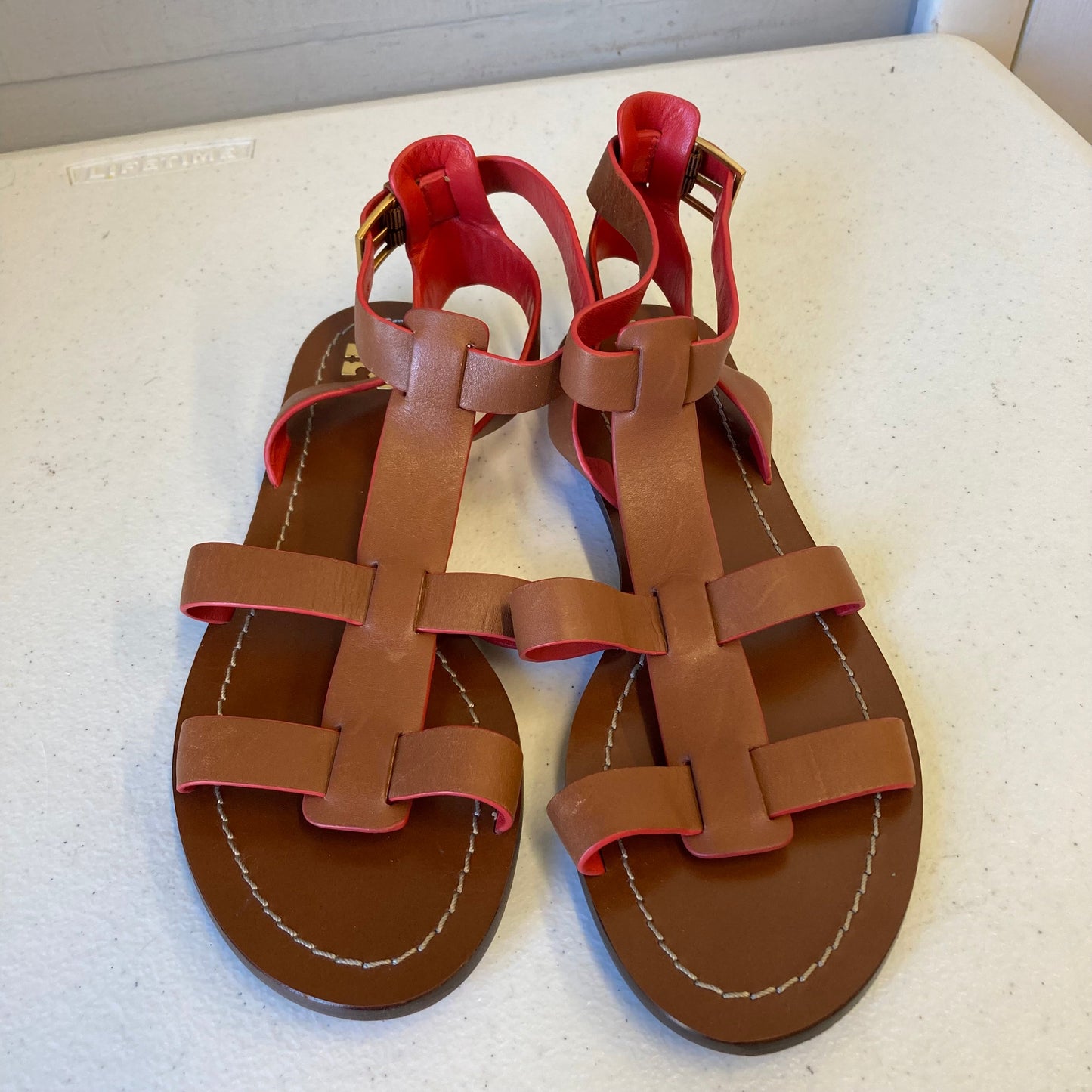 Sandals Designer By Tory Burch In Brown & Red, Size:6.5