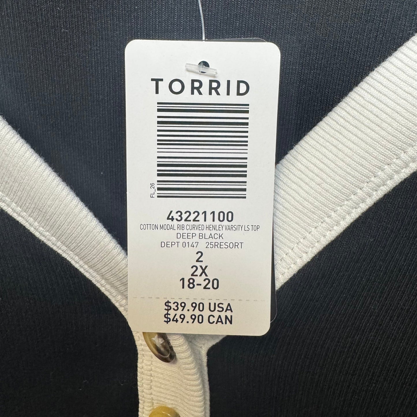 Rib Curved Henley Varsity Long Sleeve Top By Torrid In Black & White, Size: 2x