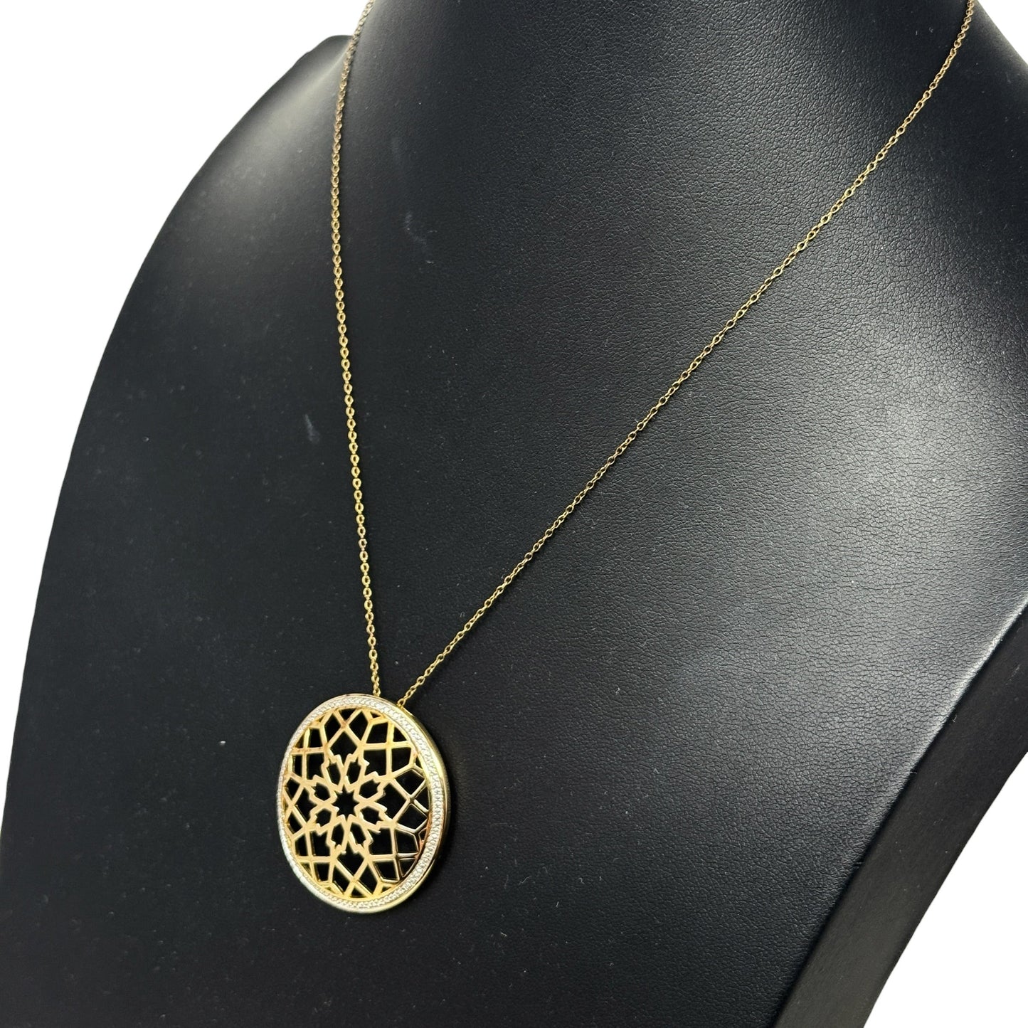 18k Yellow Gold Plated
Sterling Silver Two Tone Filigree Openwork Medallion Pendant Necklace By Morgan & Paige