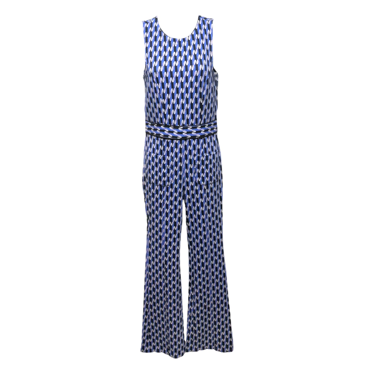 Ponte Knit Wide-Leg Jumpsuit By Maeve In Blue Motif Geometric Pattern, Size: XS