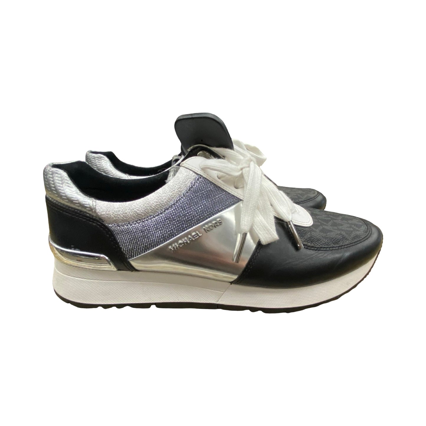 Shoes Designer By Michael Kors In Black & Silver, Size:8