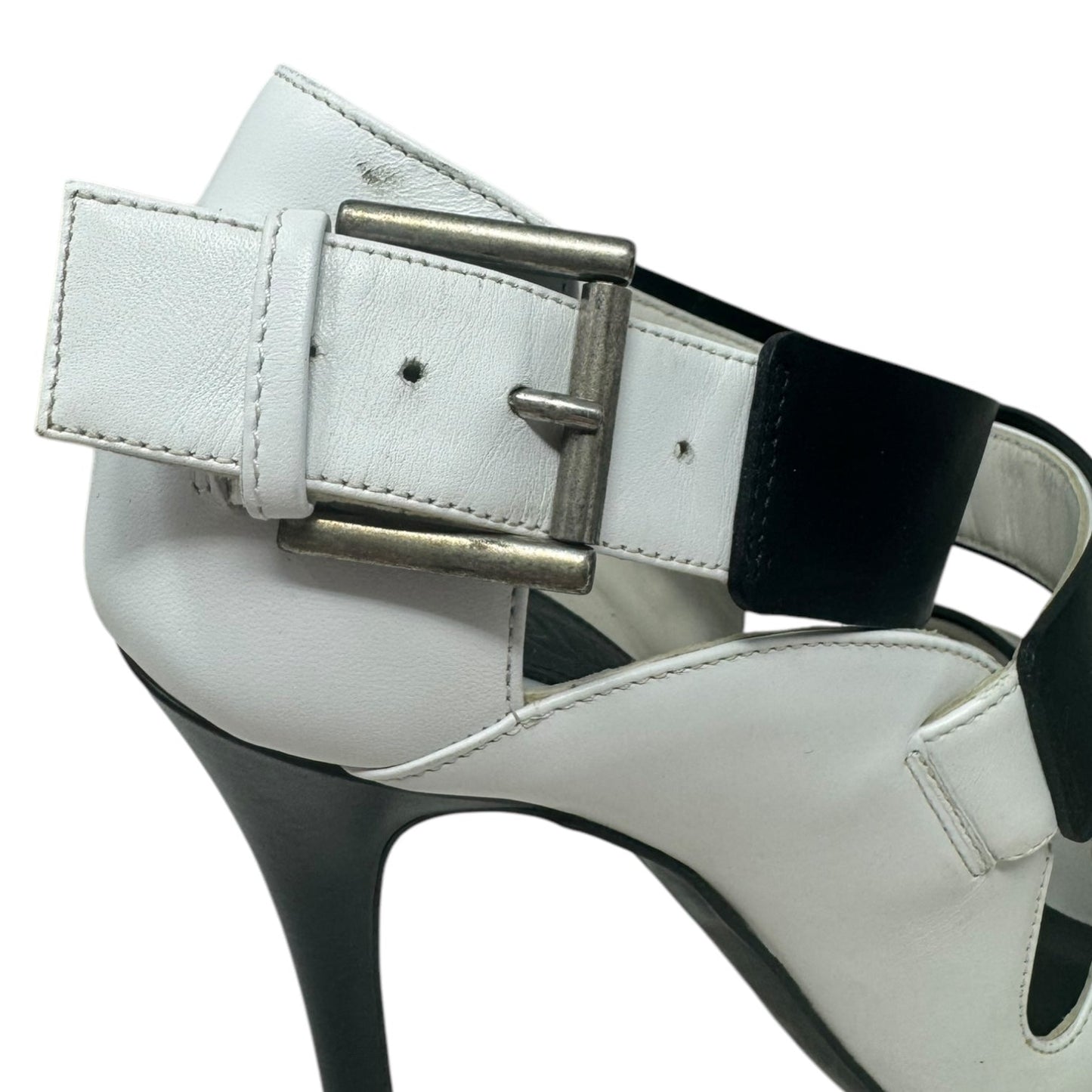 Triple Buckle Leather Stiletto Sandals Luxury Designer By Alexander Mcqueen In Black & White, Size: 6.5