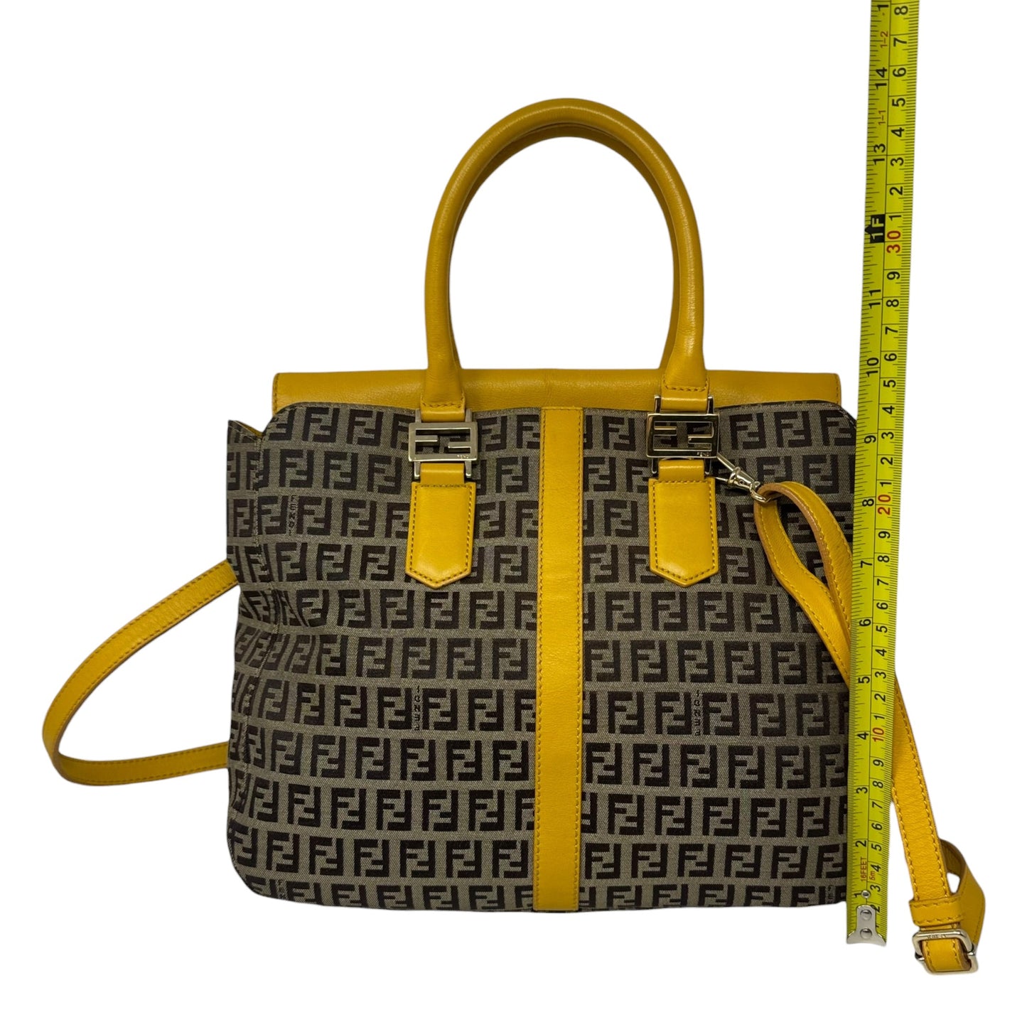 Zucchino Leather Trim Canvas Handbag Luxury Designer By Fendi, Size: Medium