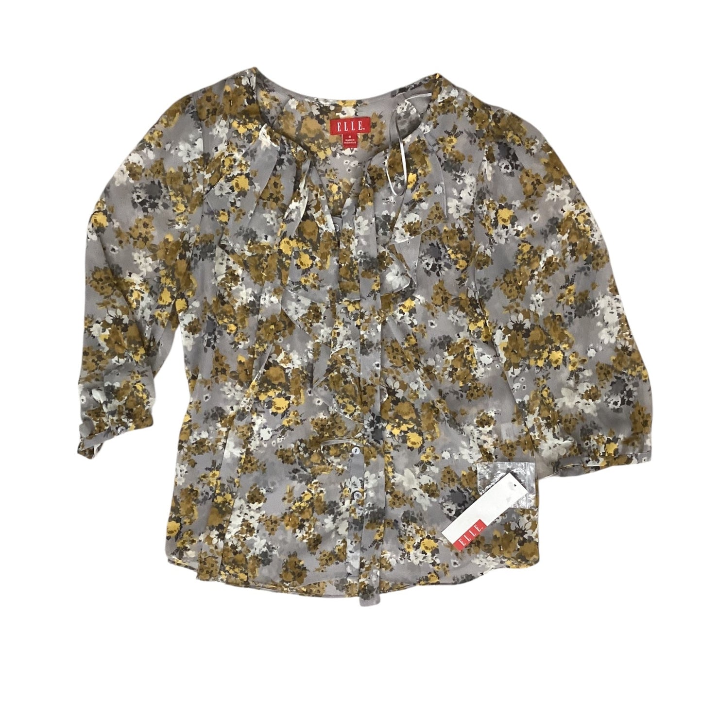 Top 3/4 Sleeve By Elle In Grey & Yellow, Size:S