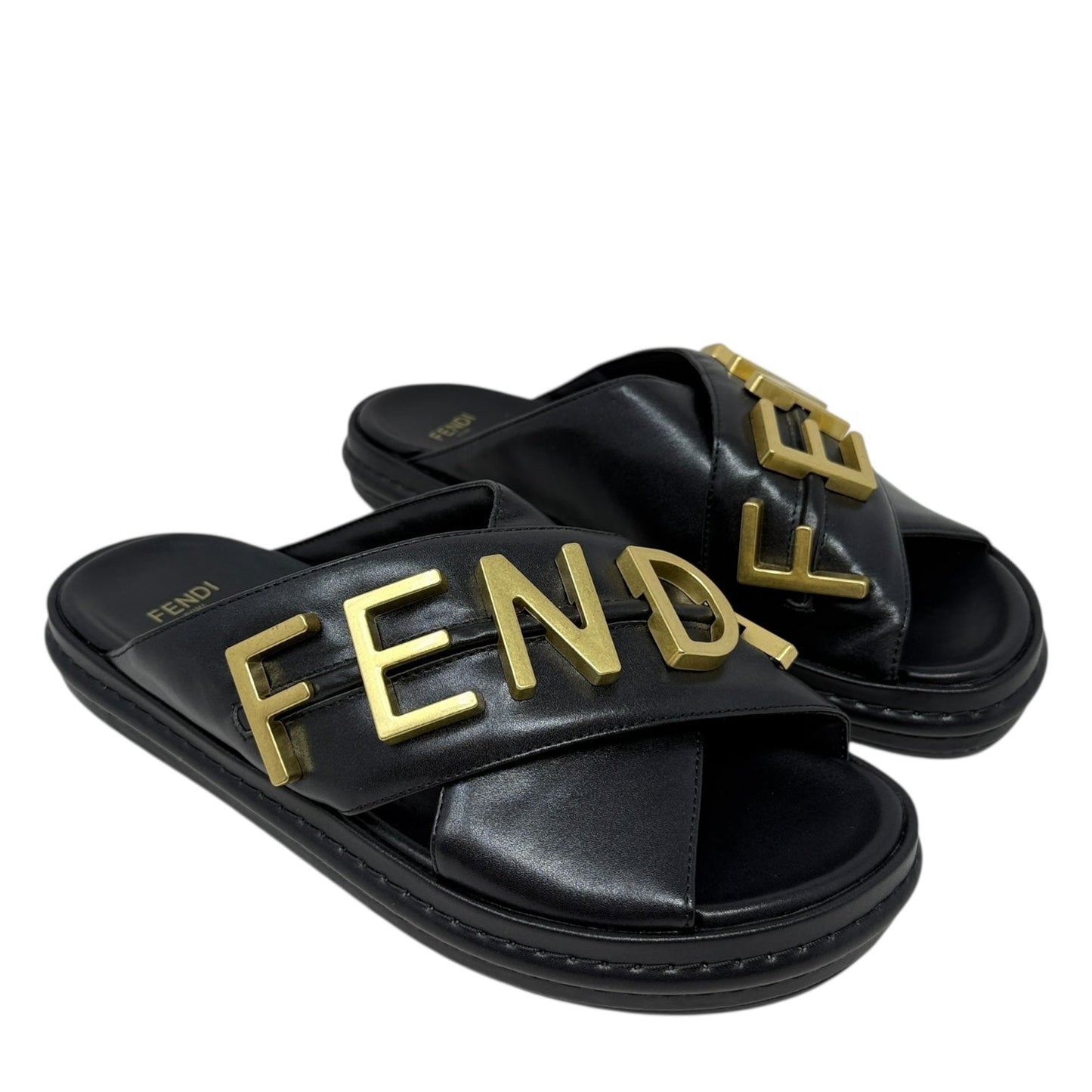 Vitello Fendigraphy Slide Sandals Luxury Designer By Fendi In Black & Gold, Size: US 7 (IT 37)