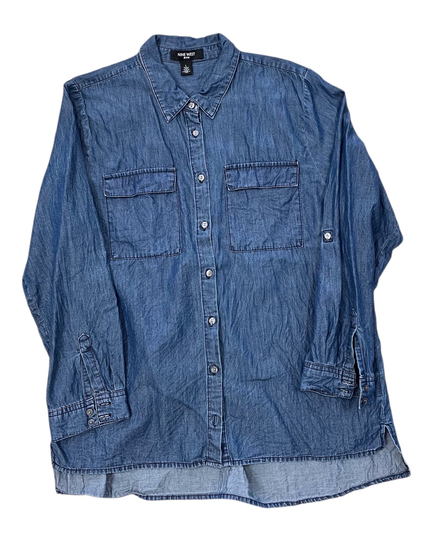 Blouse Ls By Nine West In Blue Denim, Size:L