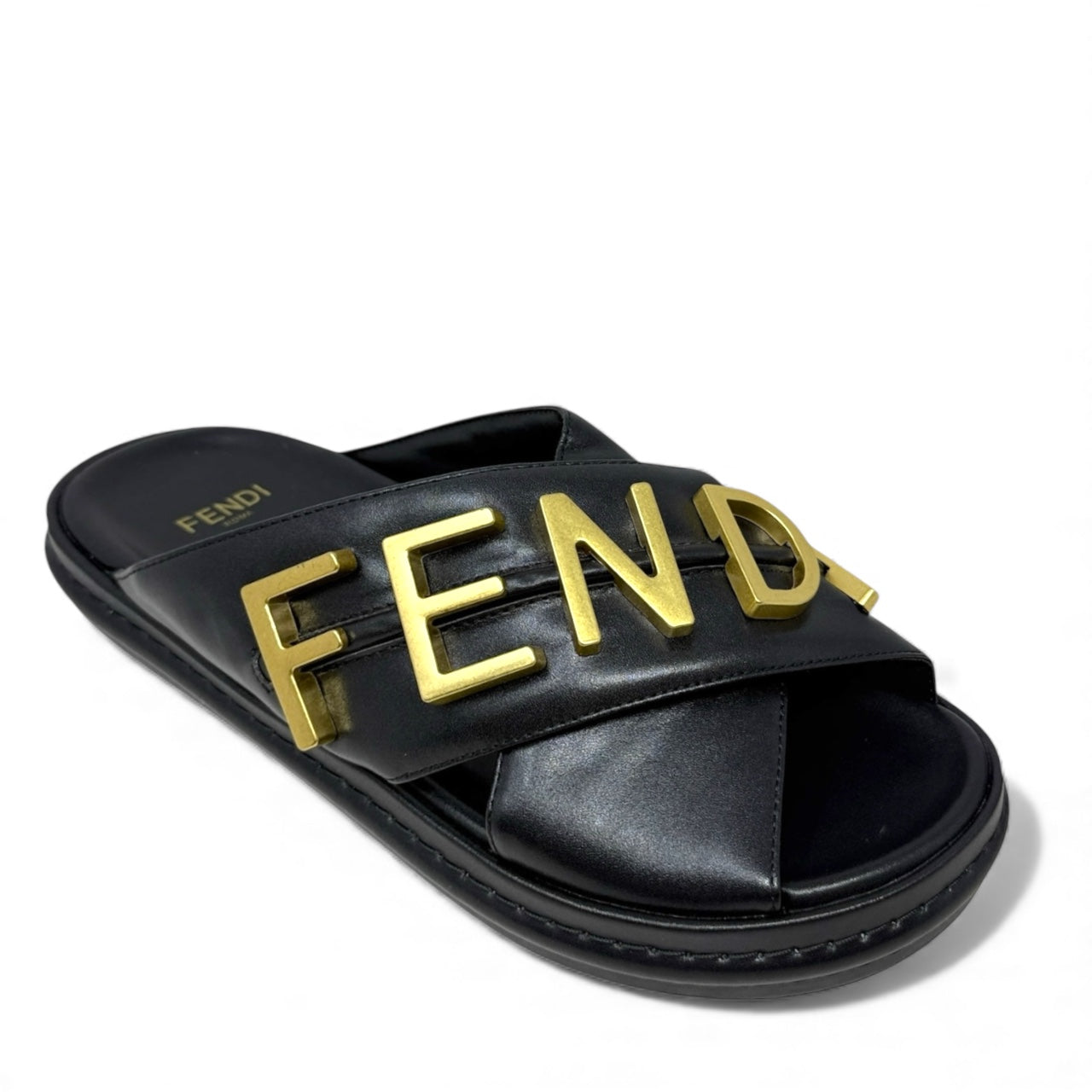 Vitello Fendigraphy Slide Sandals Luxury Designer By Fendi In Black & Gold, Size: US 7 (IT 37)