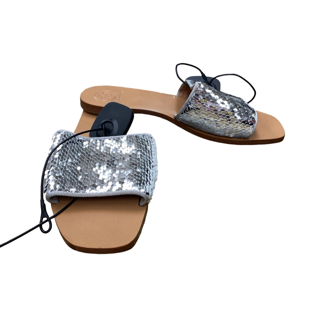Sandals Designer By Tory Burch In Silver & Tan, Size:6.5