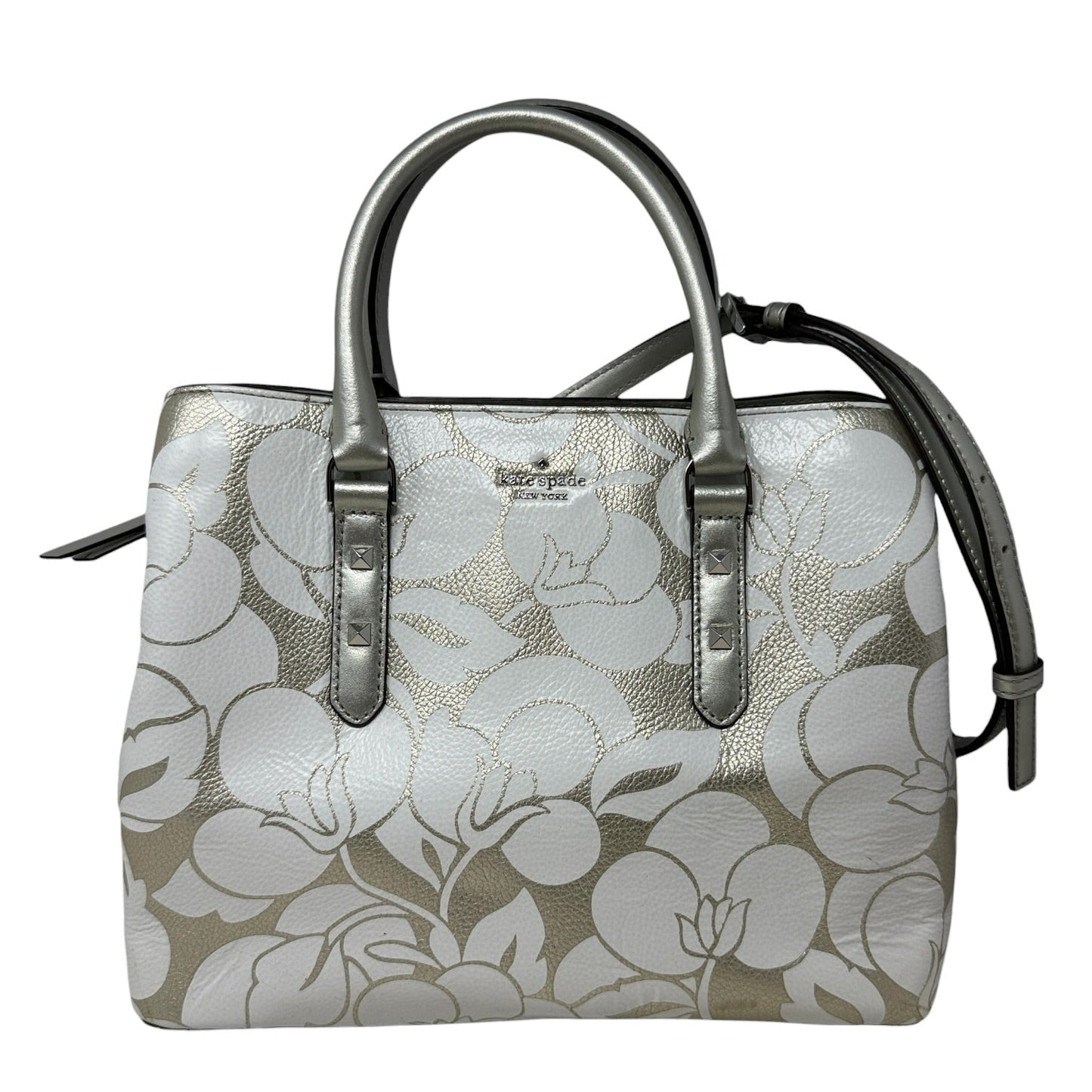 Larchmont Ave Evangeline Satchel In Metallic Silver Breezy Floral Designer By Kate Spade, Size: Medium