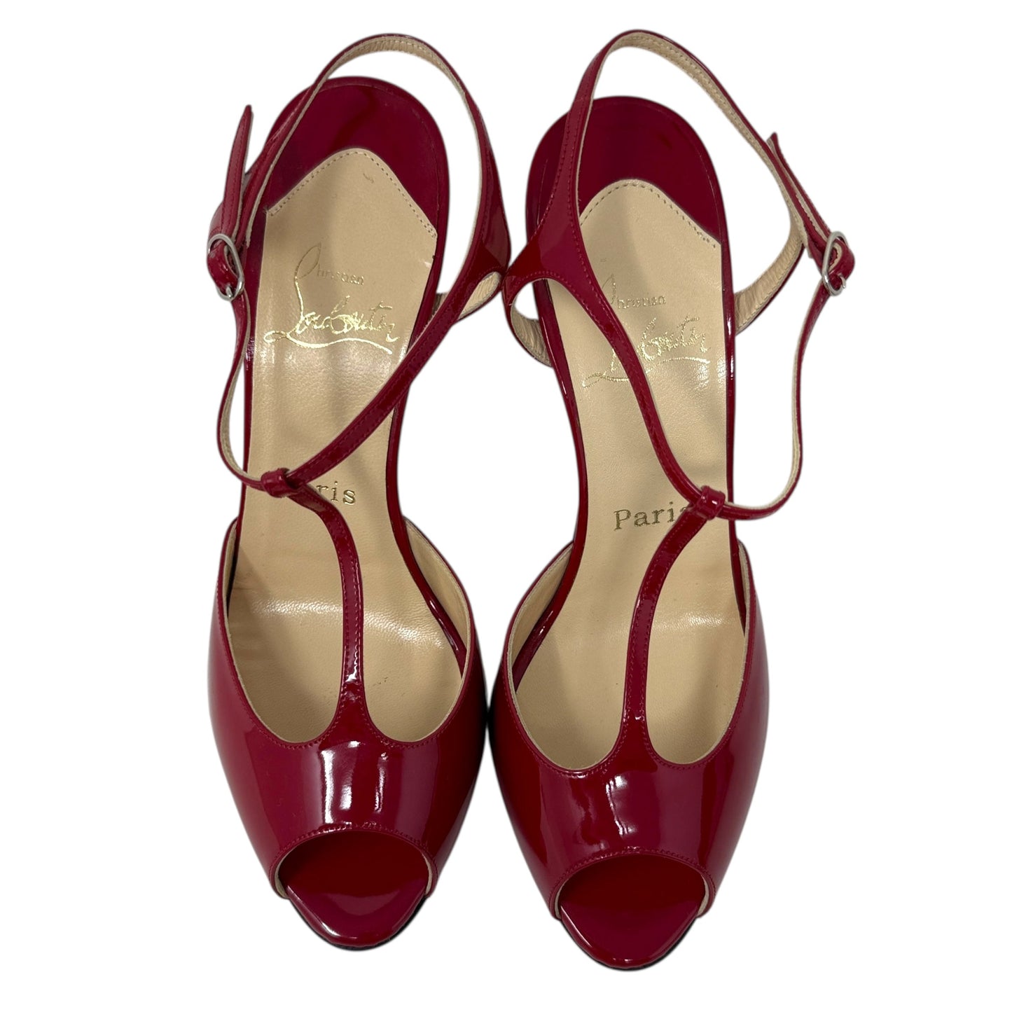 Ernesta T-Strap Patent Leather Pumps Luxury Designer By Christian Louboutin In Red, Size: 7