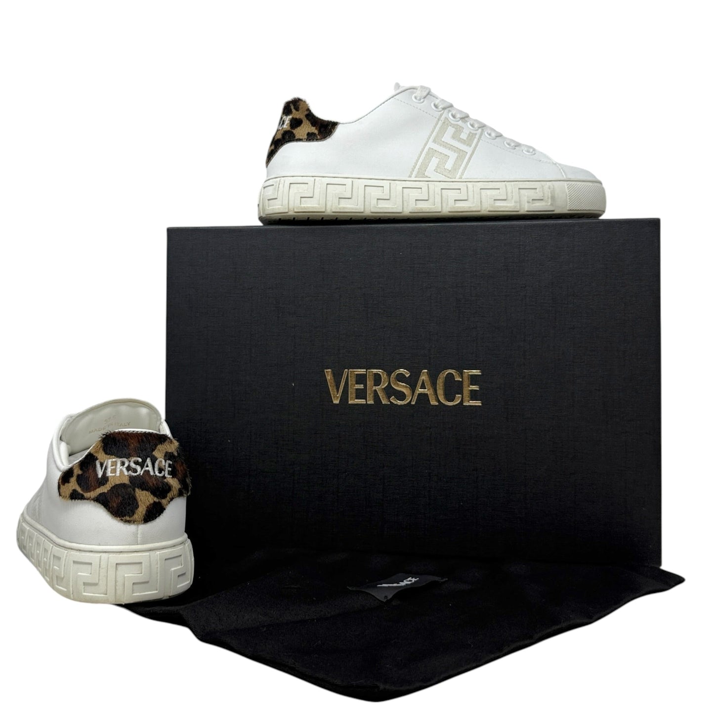 Greca Leopard Embroidered Sneakers Luxury Designer By Versace In White, Size: 7.5