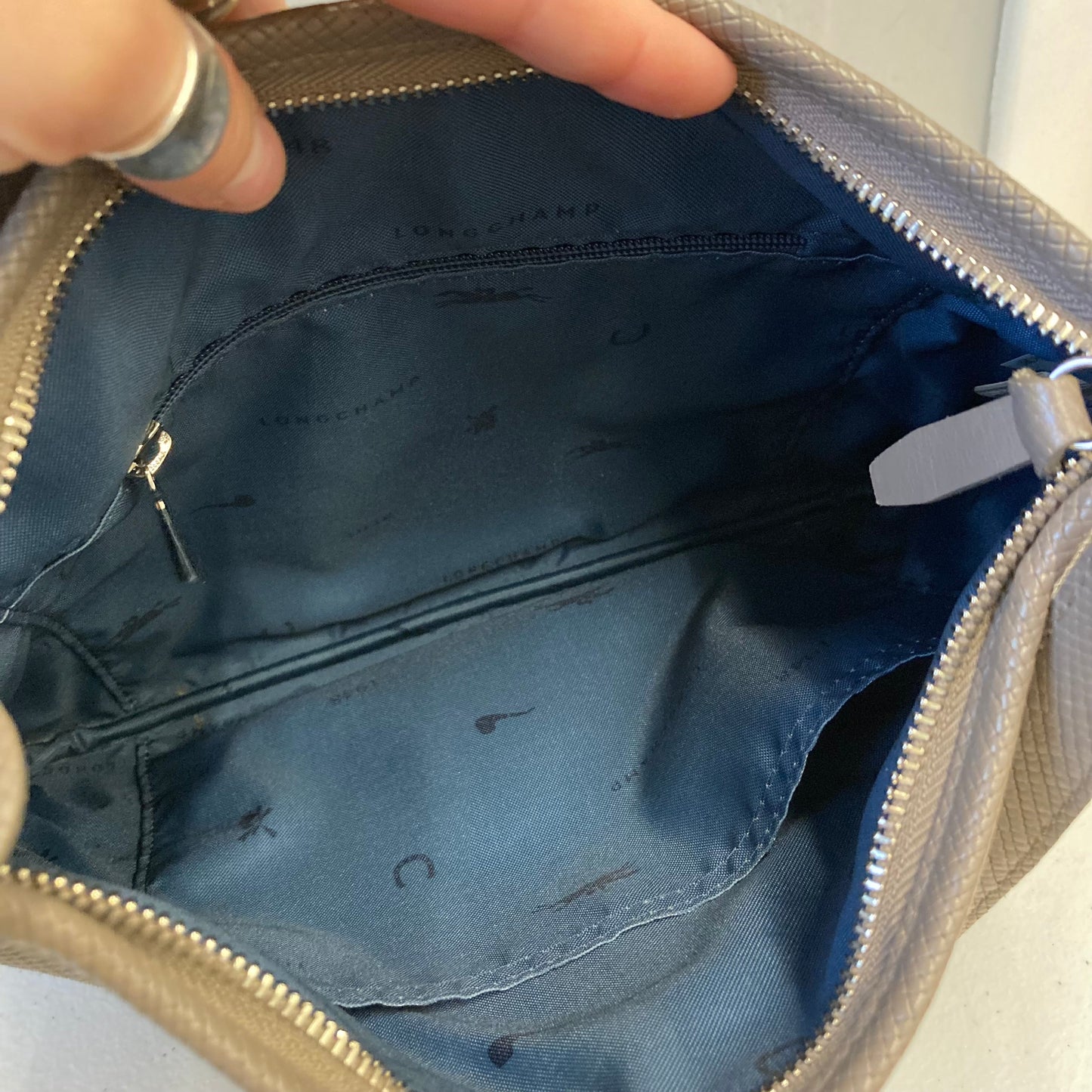 Handbag Designer By Longchamp In Taupe, Size:Medium