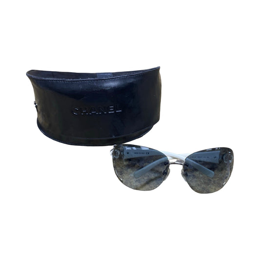 Sunglasses Luxury Designer By Chanel In Silver & White, Size: