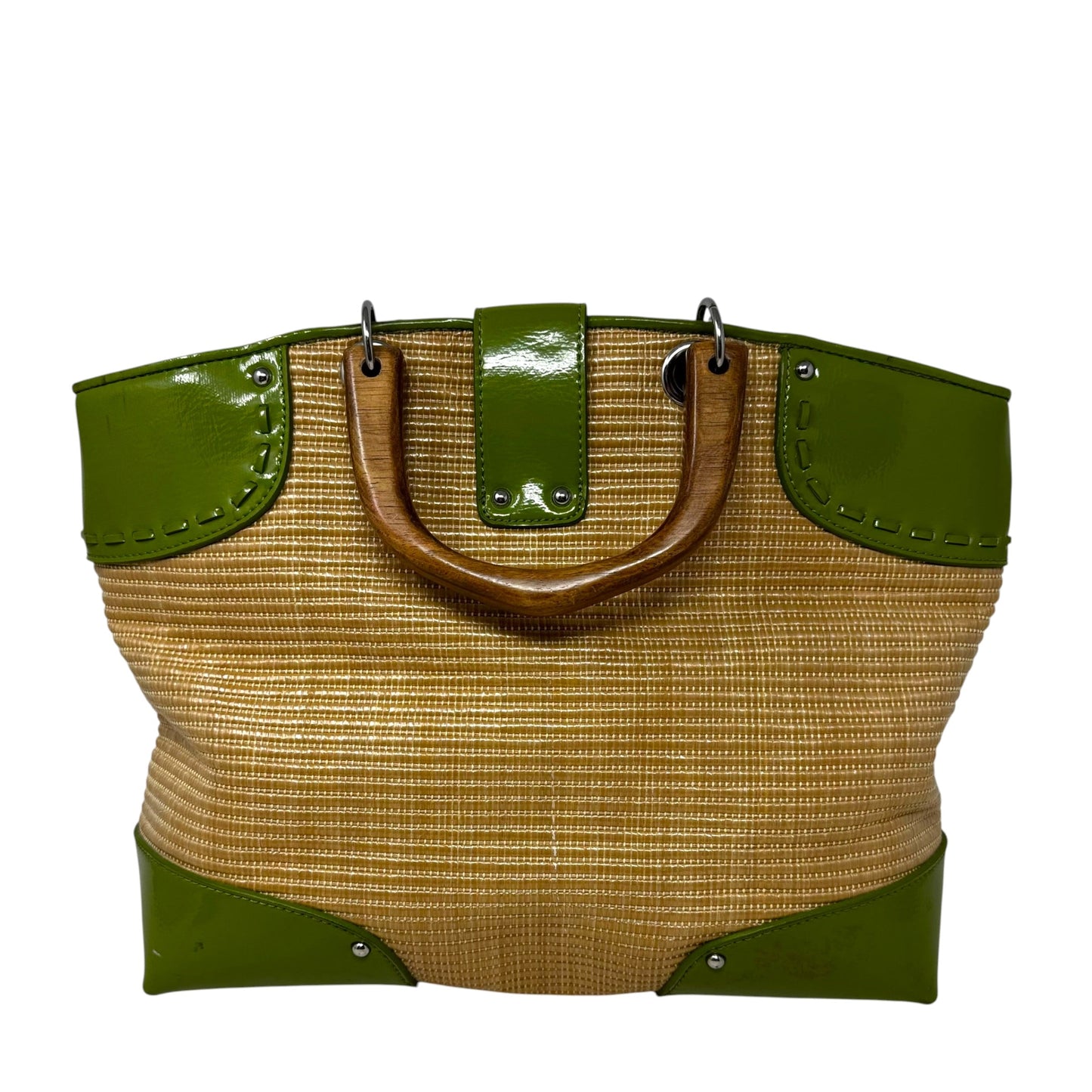 Straw Wood Handled Green Accent Tote By Ann Taylor, Size: Medium