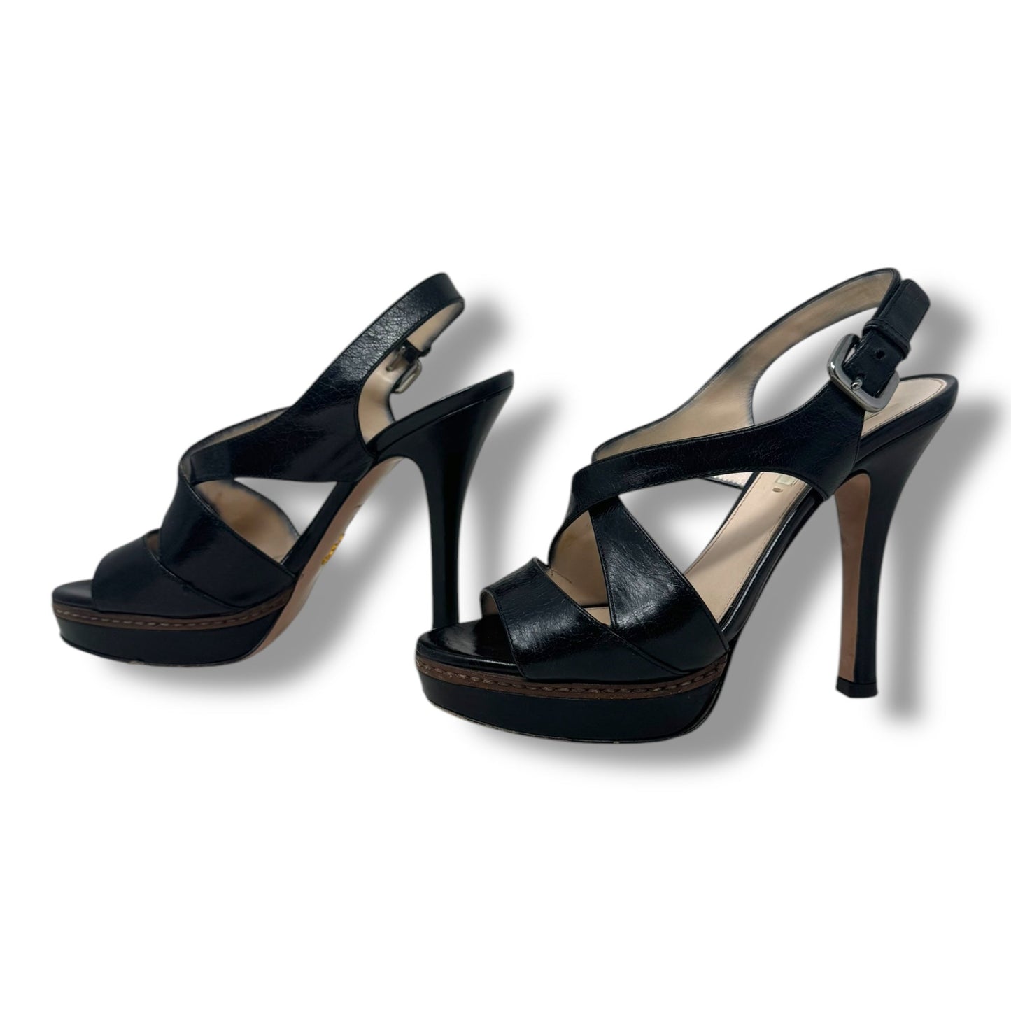 Vitello Shine Slingback Platform Sandals Luxury Designer By Prada In Black, Size: US 6.5/IT 36.5