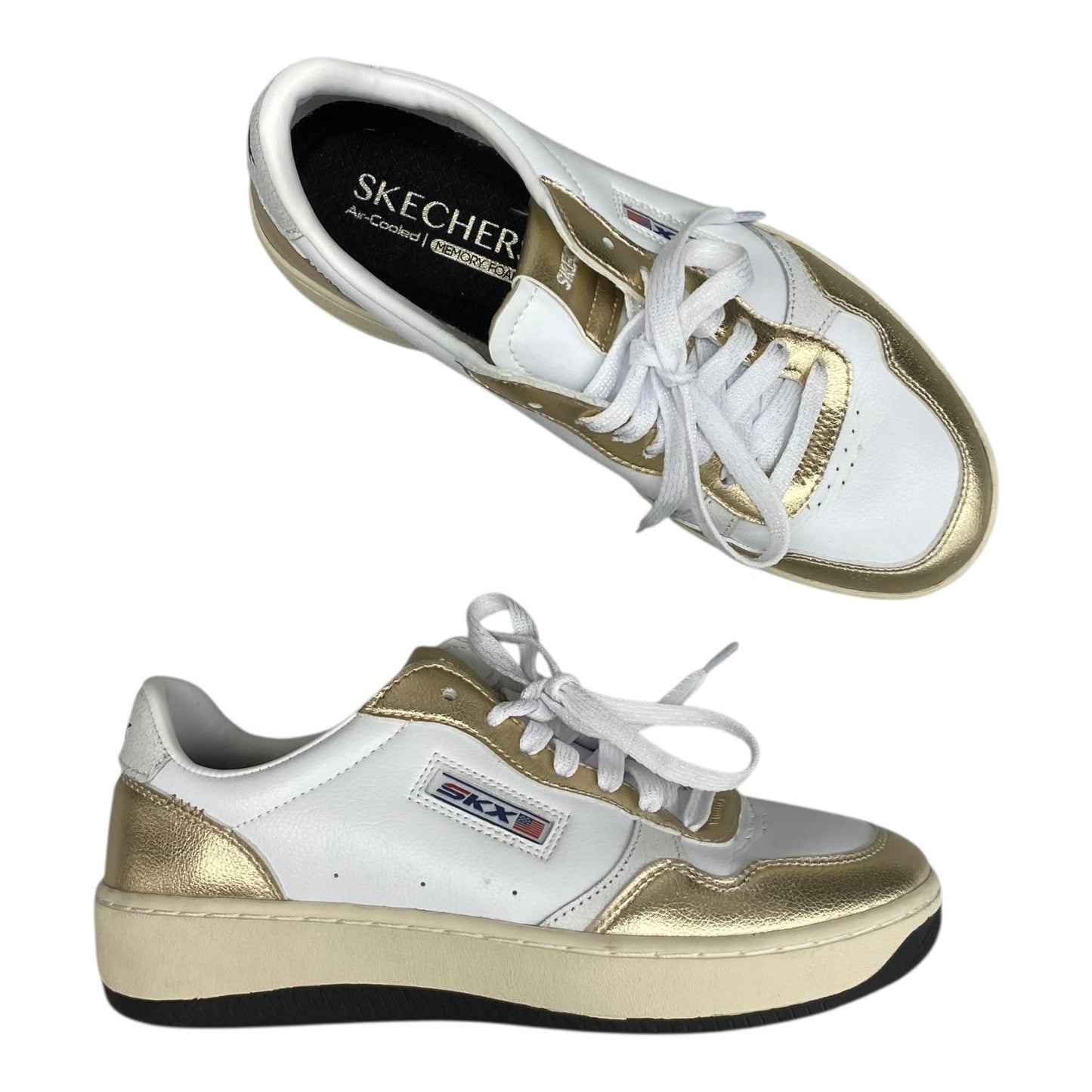 Shoes Sneakers By Skechers In Gold & White, Size:6.5