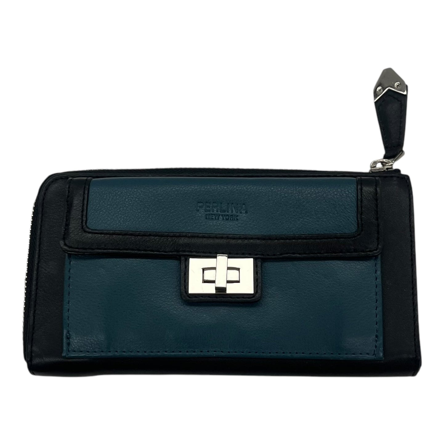 Wallet Leather By Perlina In Black & Green, Size:Medium