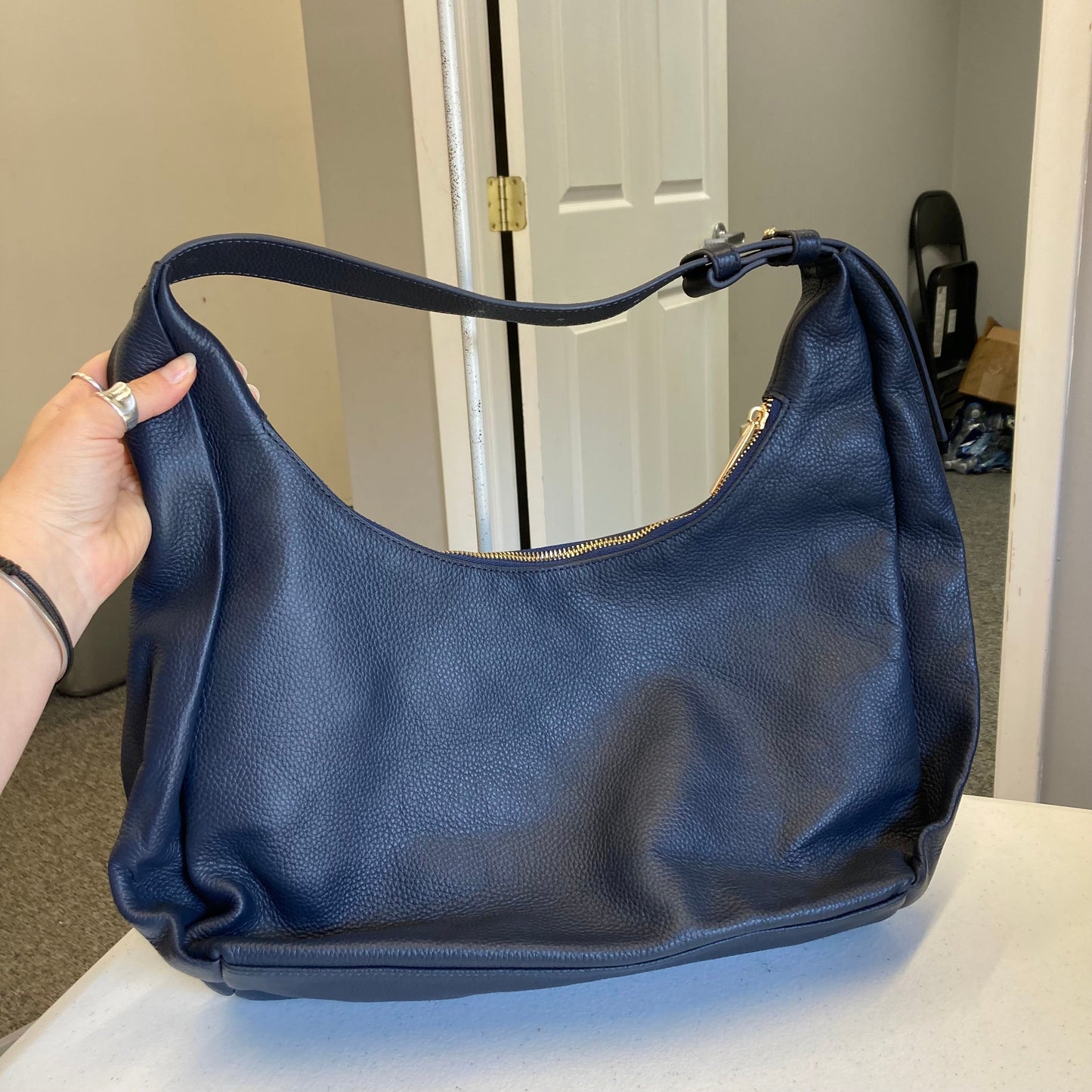 Handbag Leather By Tote le Monde In Blue, Size:Large