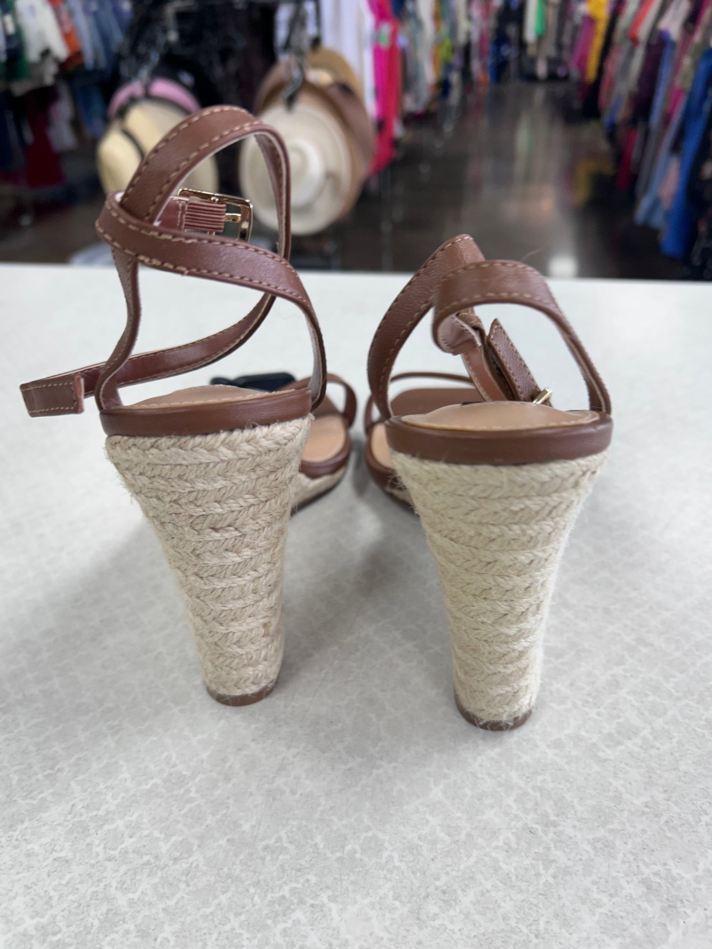 Sandals Heels Wedge By Aqua In Tan, Size:9