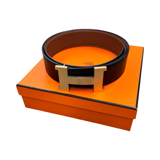 Belt Luxury Designer By Hermes In Black & Gold, Size: 90