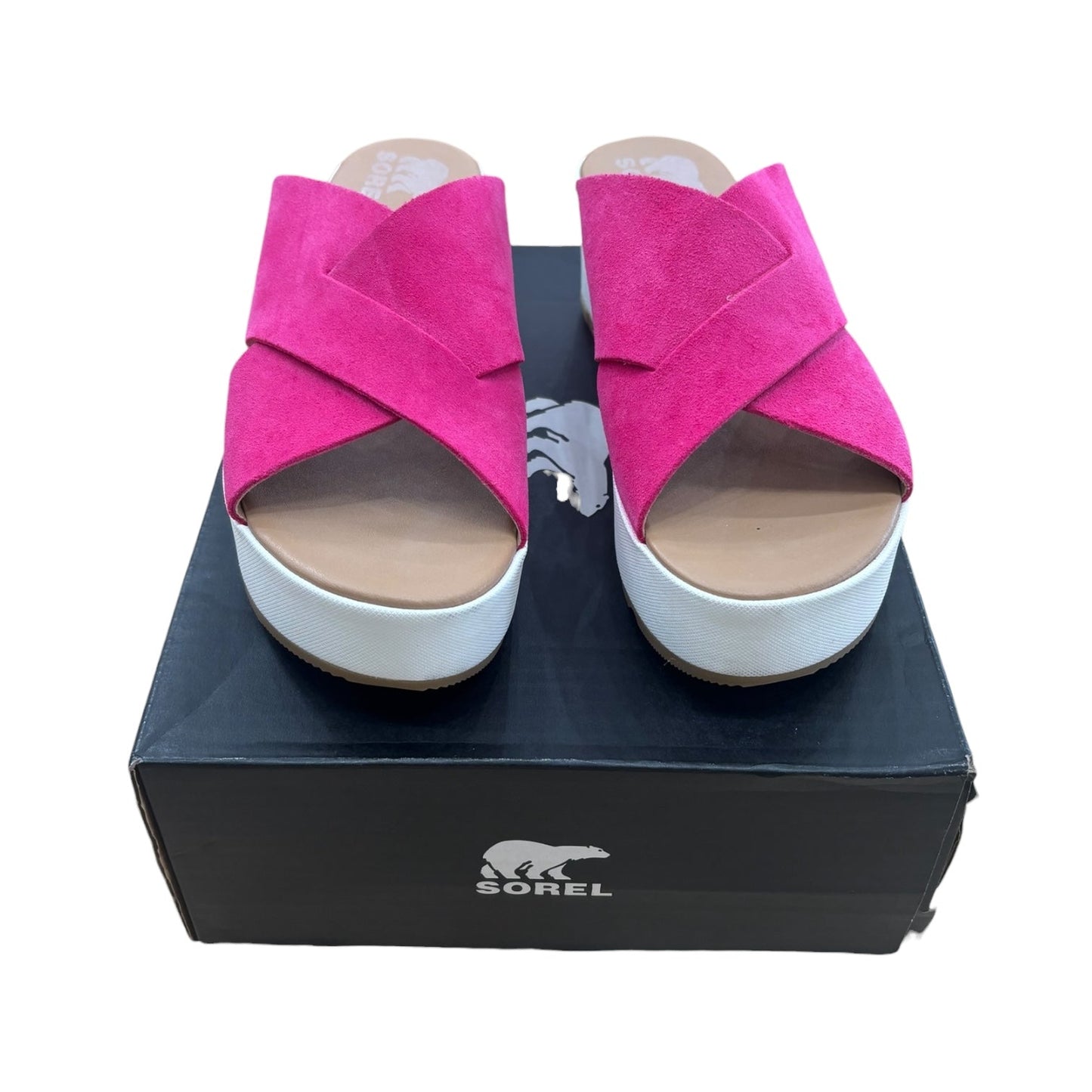 Sandals Heels Wedge By Sorel In Pink & White, Size:7.5