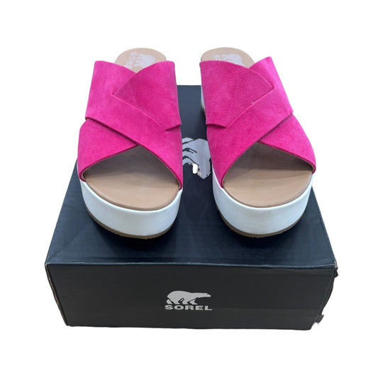Sandals Heels Wedge By Sorel In Pink & White, Size:7.5