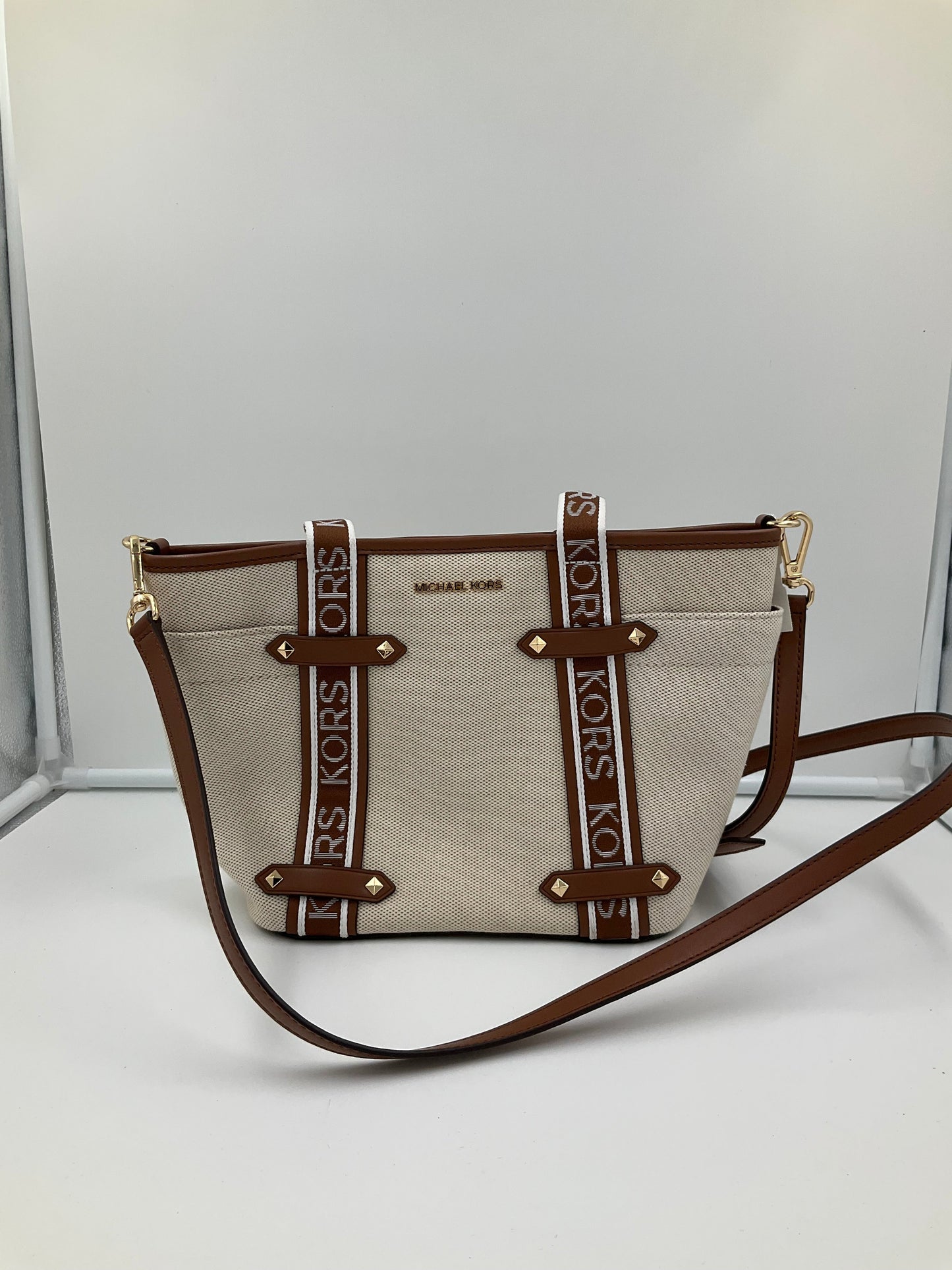 Crossbody Designer By Michael Kors In Brown & Cream, Size:Small