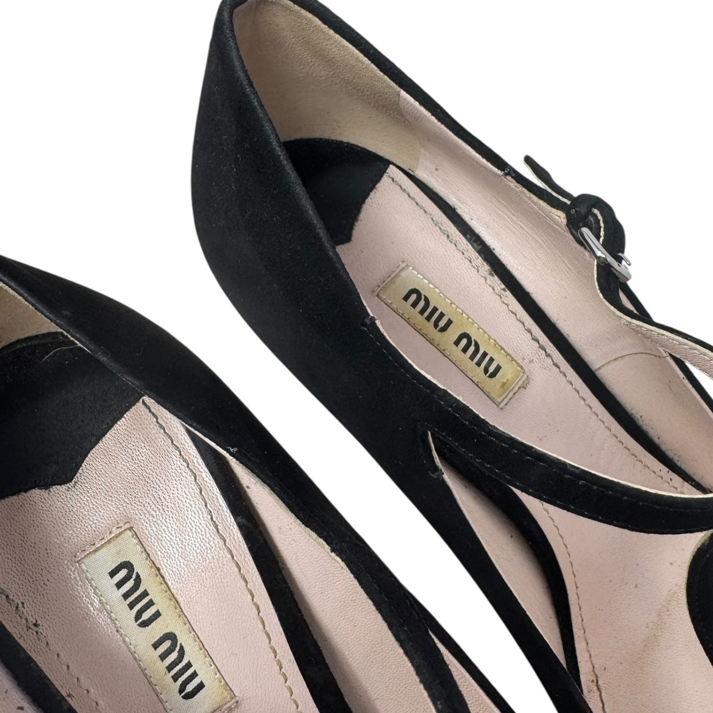 Suede T Strap Peep Toe Heels Shoes Luxury Designer By Miu Miu In Black, Size: 10 (IT 40)