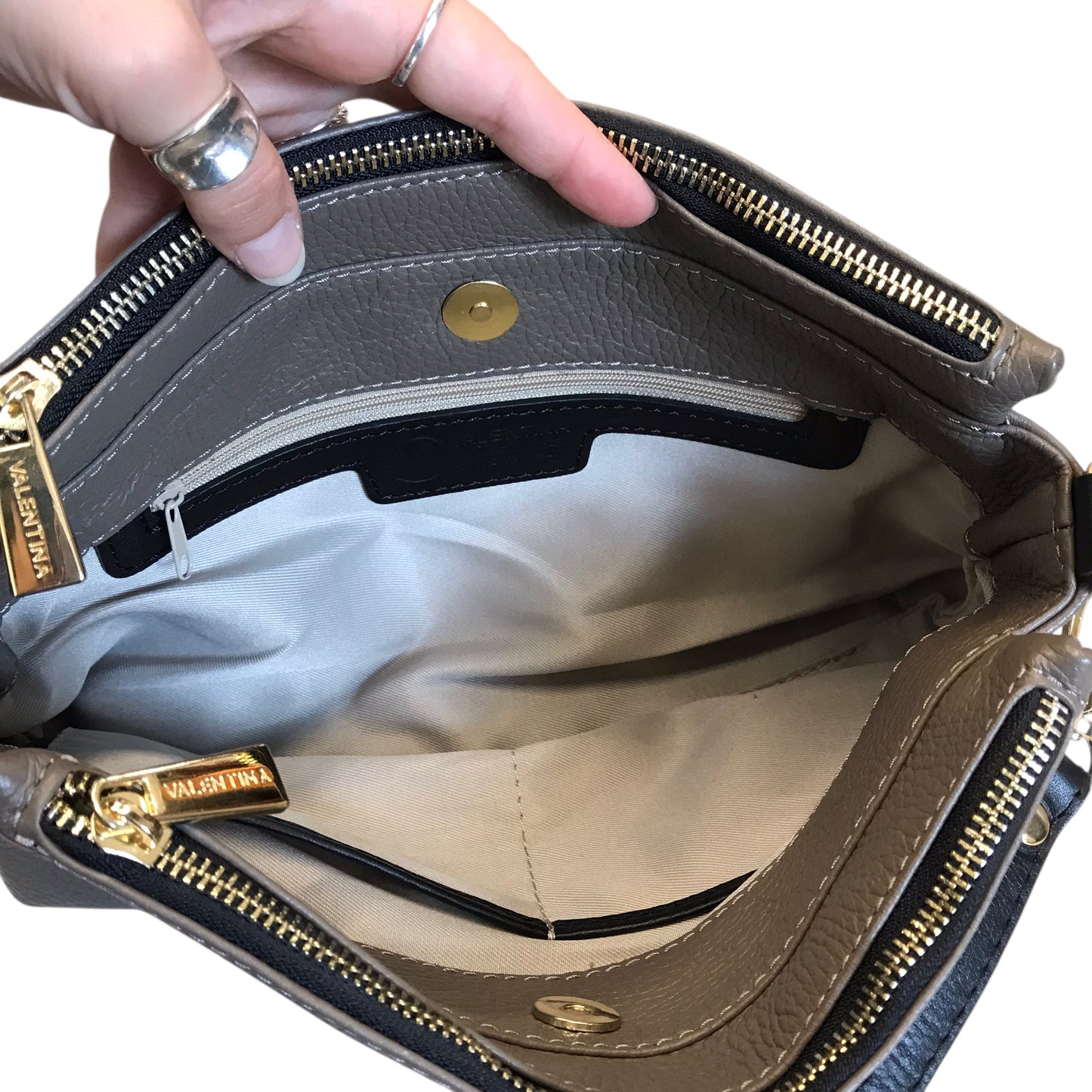 Handbag Leather By Valentina In Taupe, Size:Medium