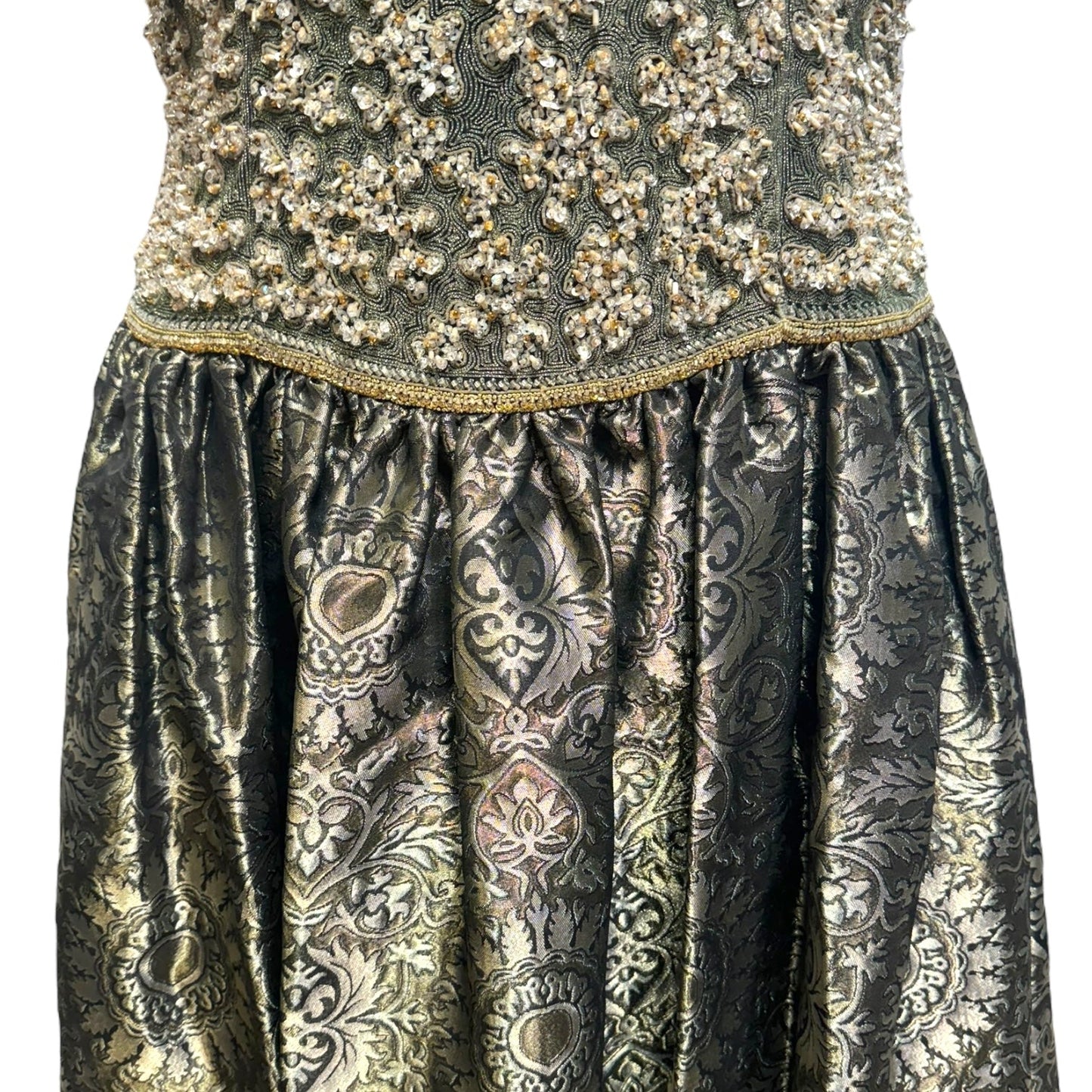 Beaded Jacquard Gown Dress Designer By Escada Couture In Green / Gold, Size: 8