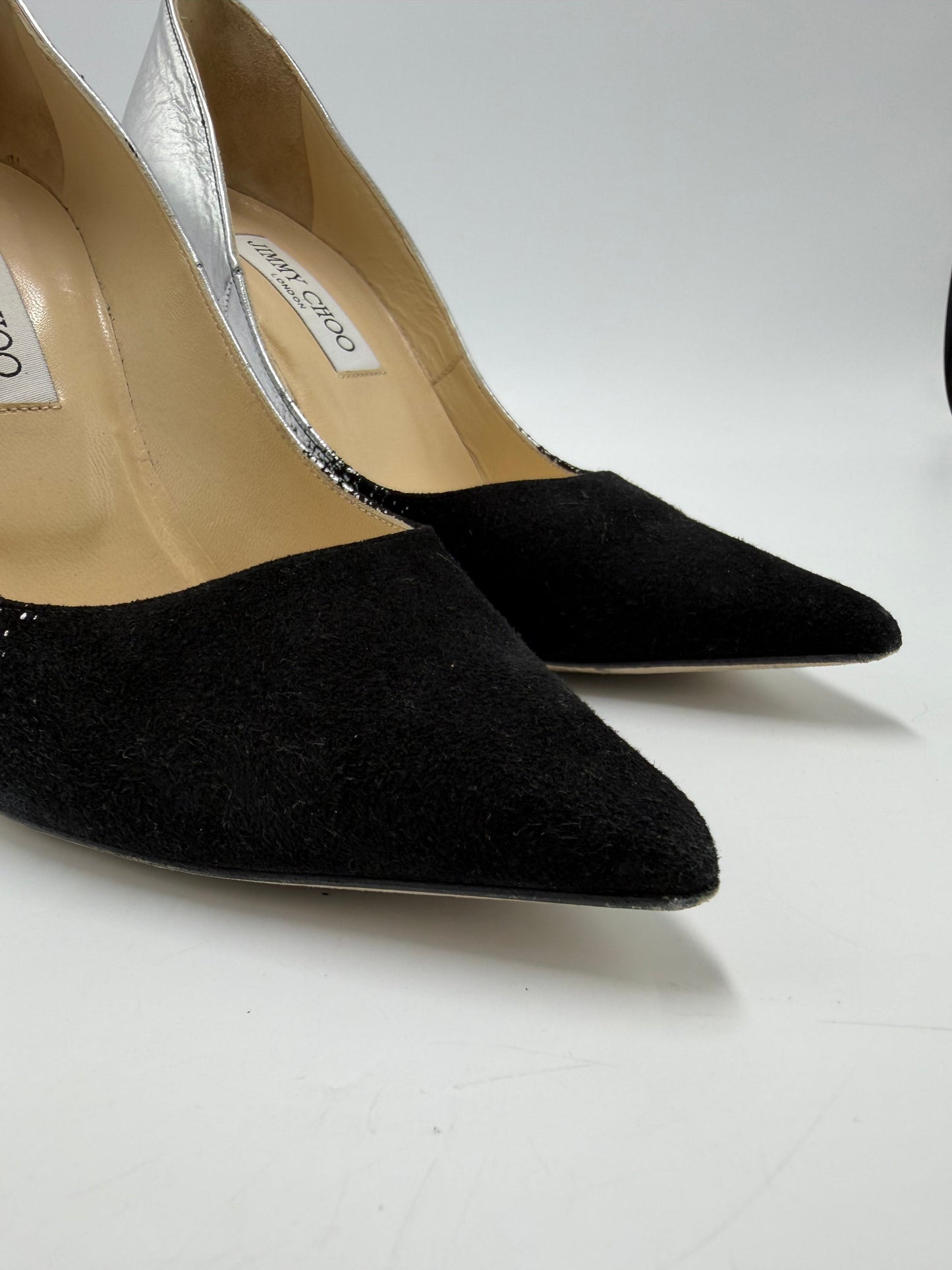 Shoes Luxury Designer By Jimmy Choo In Black & Silver, Size: 7