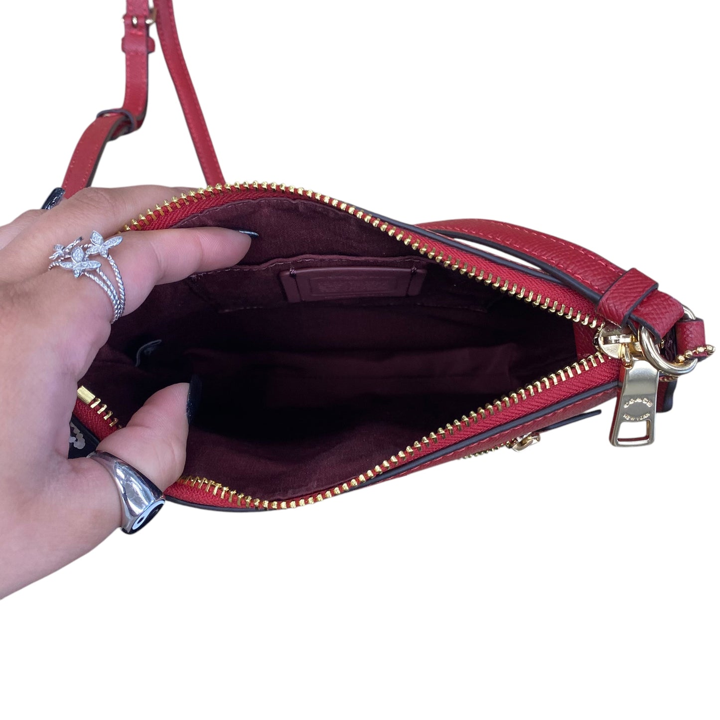 Handbag Designer By Coach In Gold & Red, Size:Small