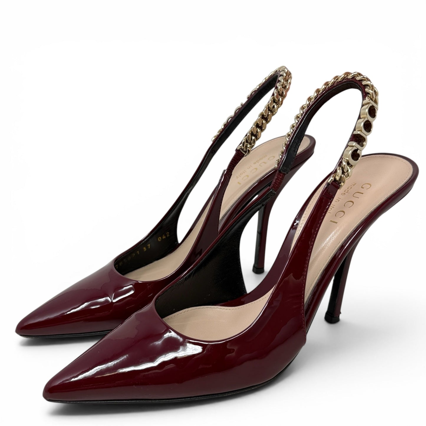 Signoria Patent Leather Slingback Pumps Luxury Designer By Gucci In Rosso Ancora, Size: 7