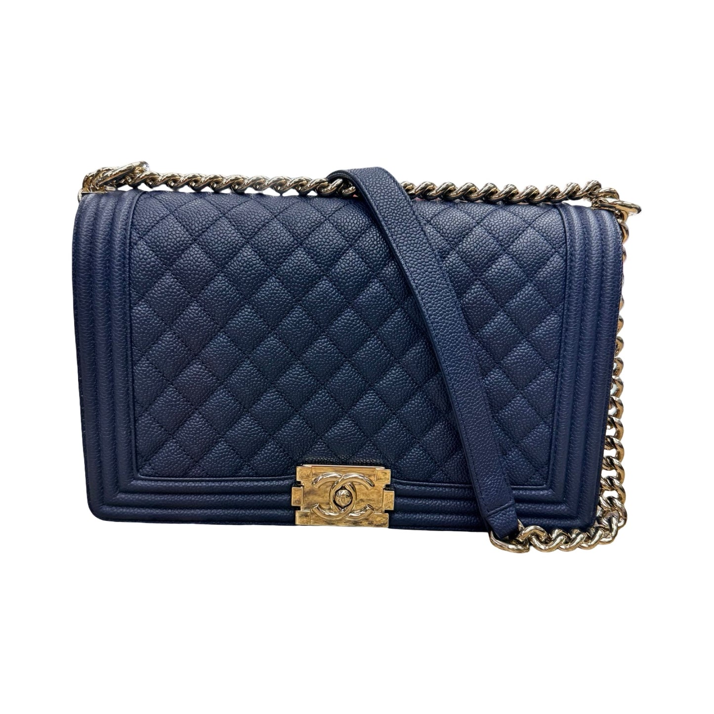 Caviar Quilted Boy Flap Handbag Luxury Designer By Chanel In Navy & Silver, Size:Large (6.9x11x3 in)